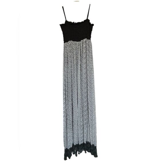 Splash Floral Lace Hem Spaghetti strap Shirred Bodice Sheer Maxi Dress M - Picture 1 of 7